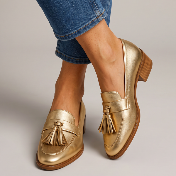 Iolanda — Gold Tassel Loafers with Block Heel