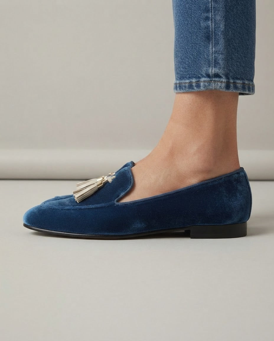 Amara — Blue Velvet-Look Moccasins with Tassels