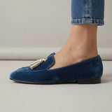 Amara — Blue Velvet-Look Moccasins with Tassels