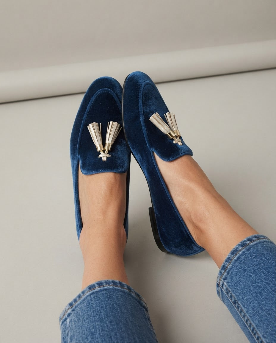 Amara — Blue Velvet-Look Moccasins with Tassels