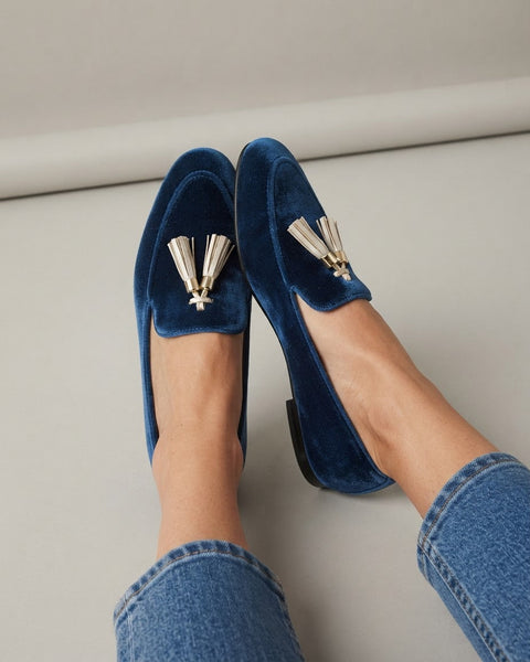 Amara — Blue Velvet-Look Moccasins with Tassels
