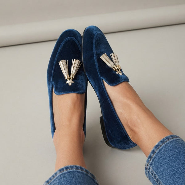 Amara — Blue Velvet-Look Moccasins with Tassels