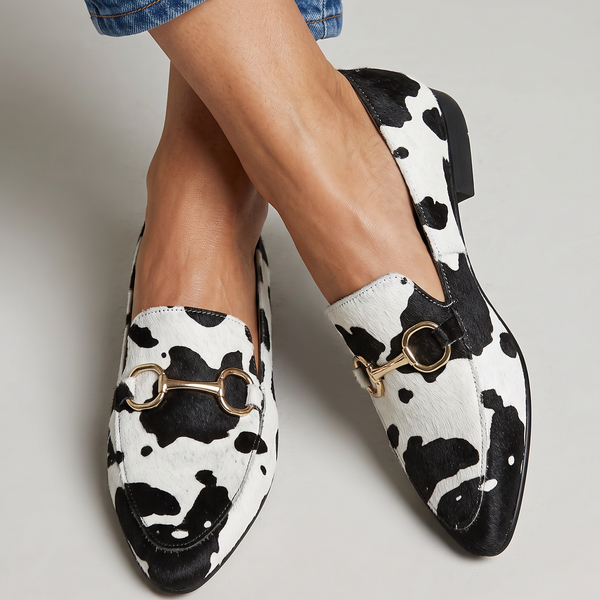 Emilia — Cow-Print Horsebit Loafers