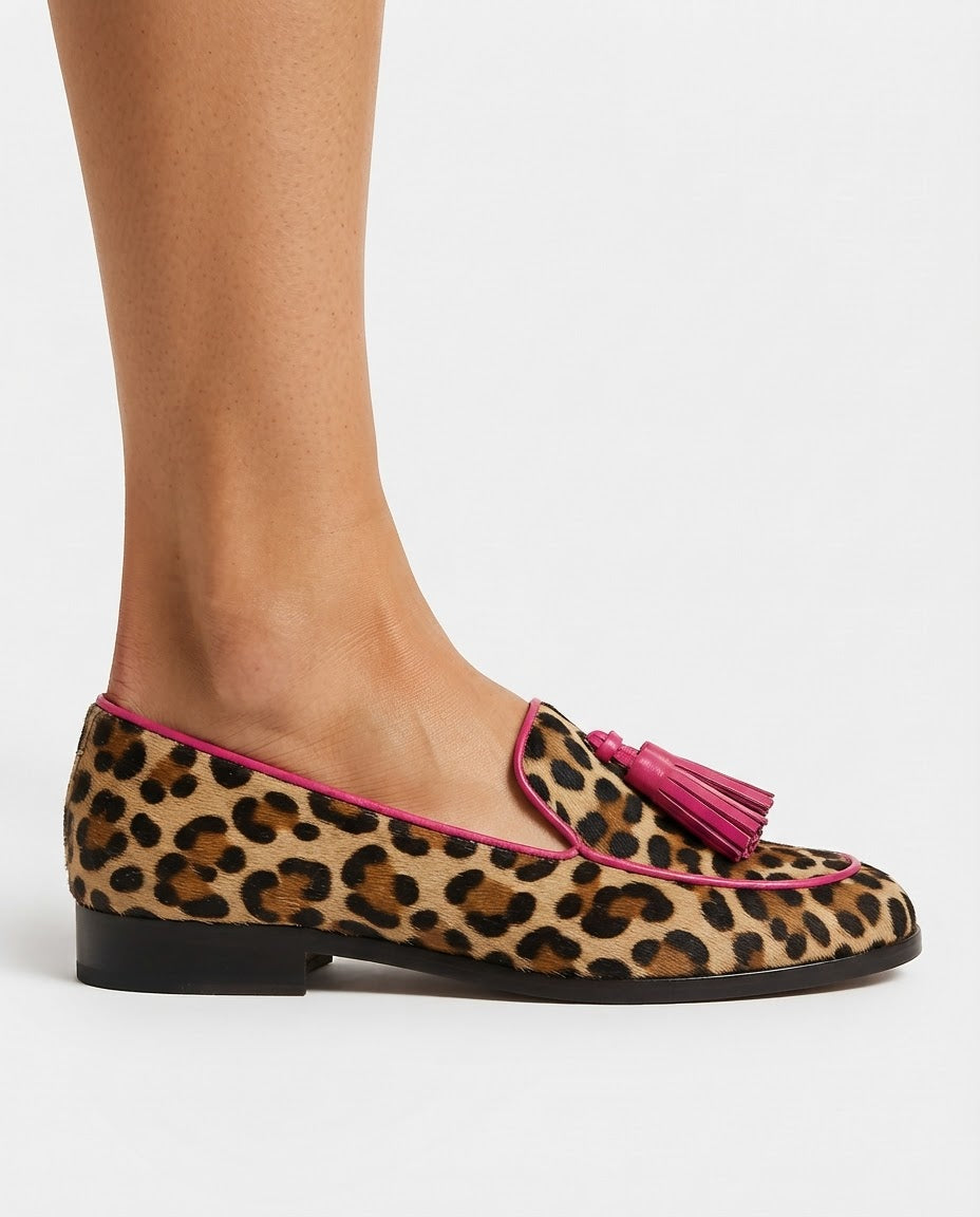 Enrica — Leopard-Print Moccasins with Fuchsia Trim and Tassels