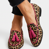 Enrica — Leopard-Print Moccasins with Fuchsia Trim and Tassels