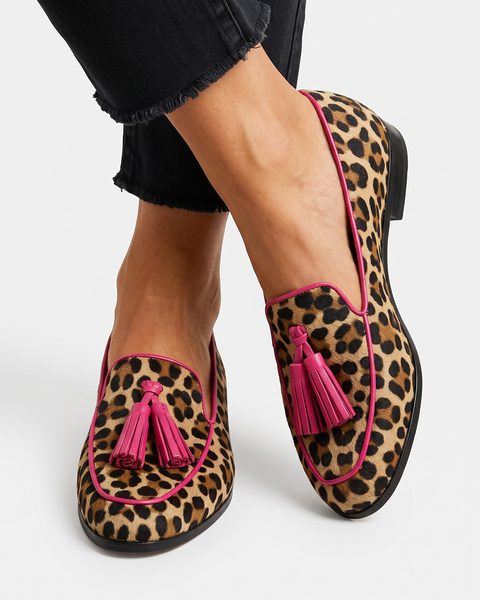 Enrica — Leopard-Print Moccasins with Fuchsia Trim and Tassels