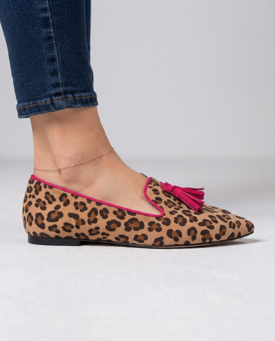 Letizia — Leopard-Print Pointed Moccasins with Fuchsia Trim