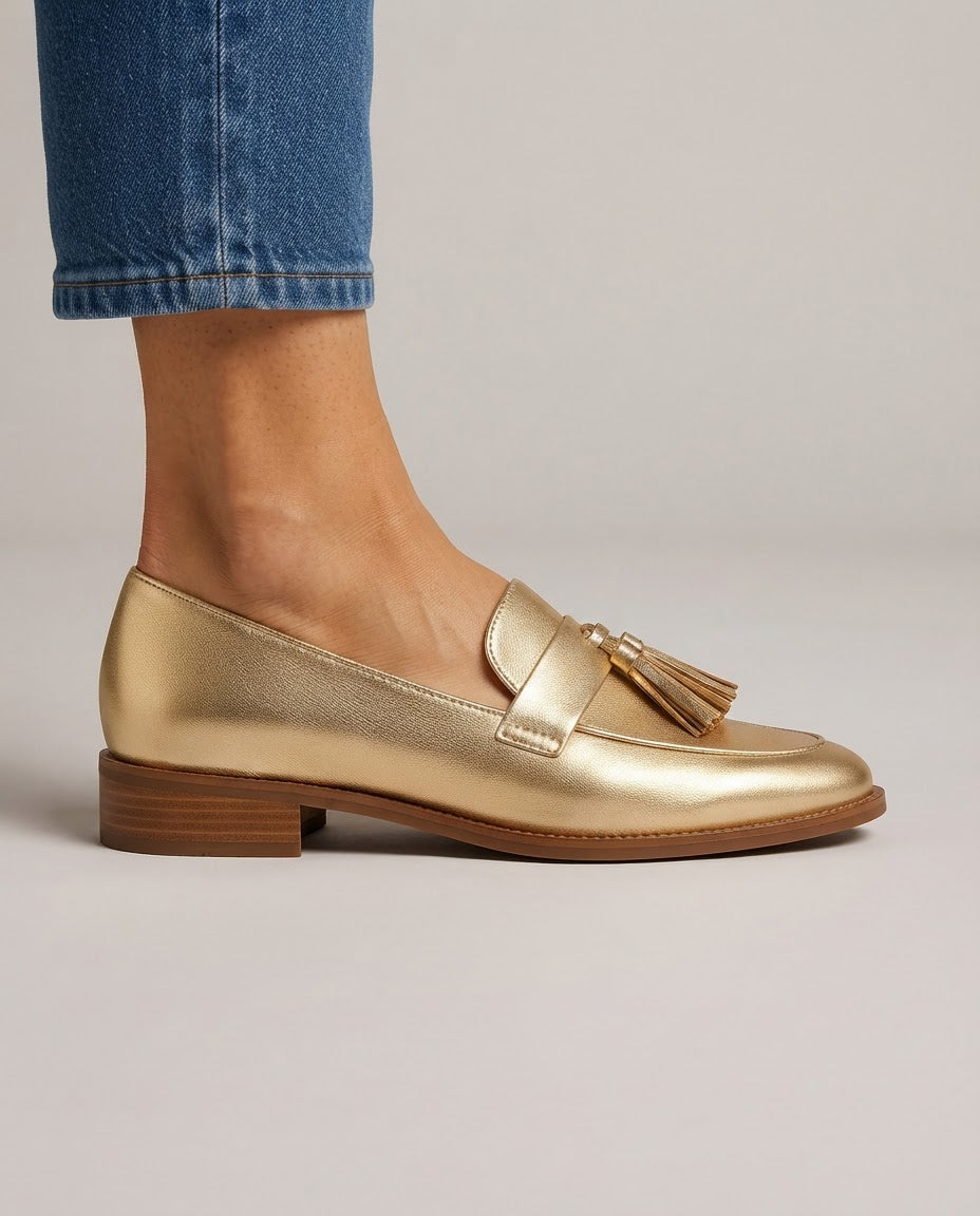 Iolanda — Gold Tassel Loafers with Block Heel