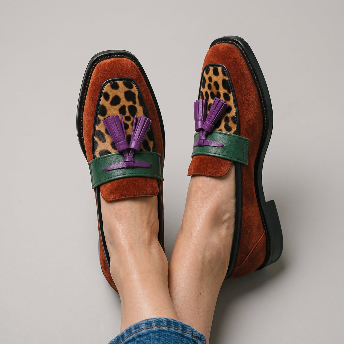 Annalisa — Colour-Block Leopard Loafers with Purple Tassel