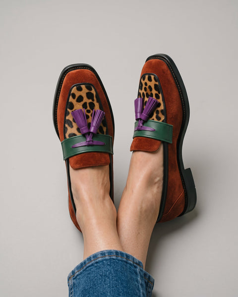 Annalisa — Colour-Block Leopard Loafers with Purple Tassel