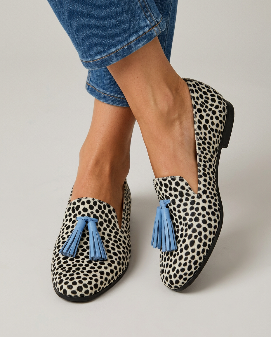 Eda — Spotted-Print Moccasins with Blue Tassels