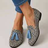 Eda — Spotted-Print Moccasins with Blue Tassels