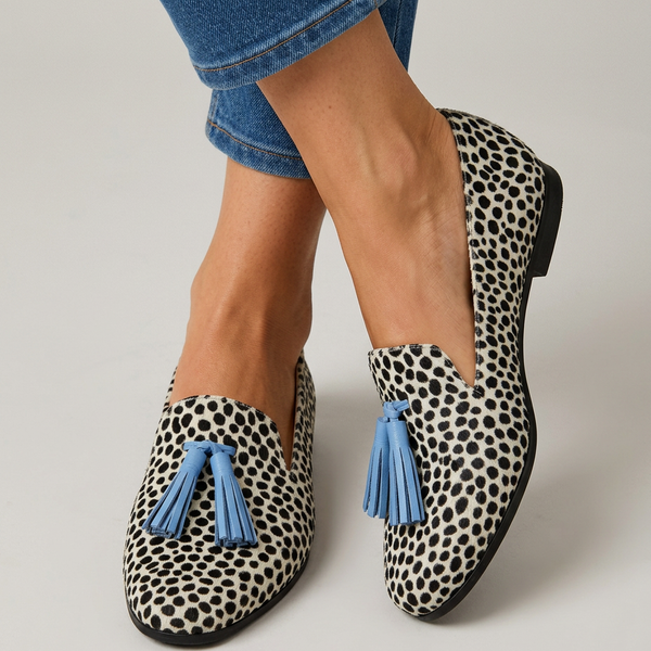 Eda — Spotted-Print Moccasins with Blue Tassels