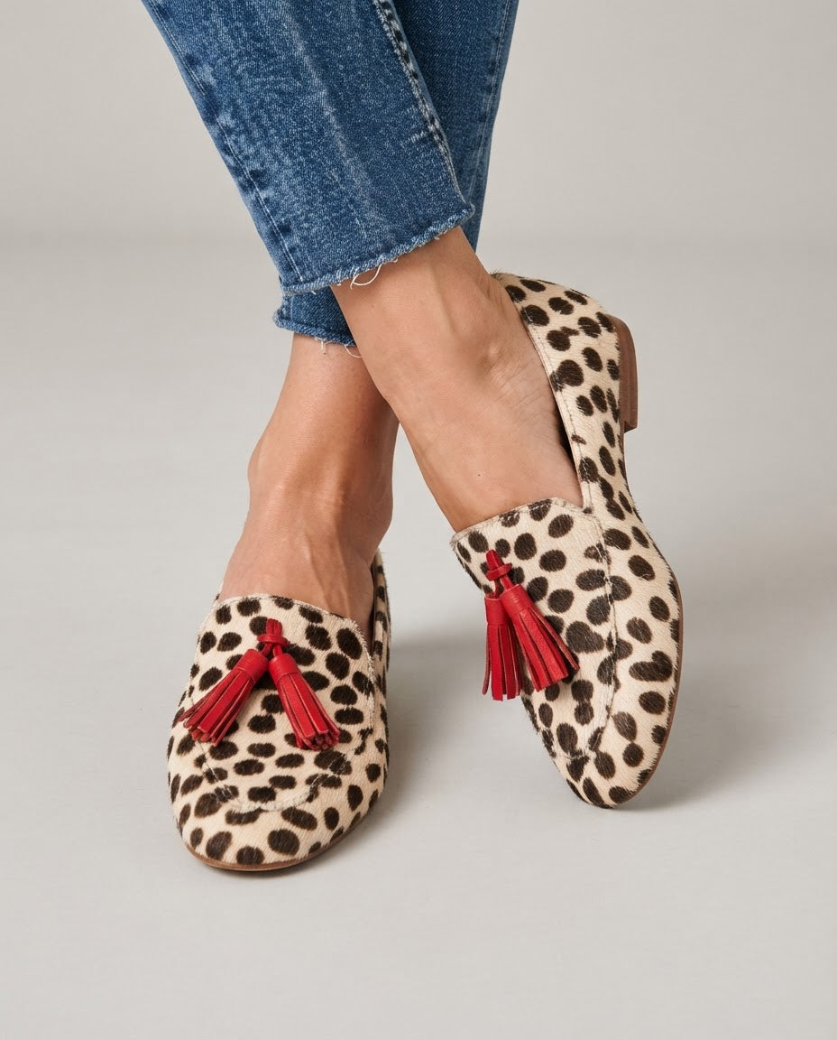 Altea — Spotted-Print Pointed Moccasins with Red Tassels