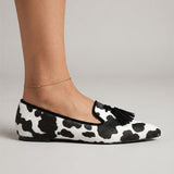 Isotta — Cow-Print Pointed Moccasins with Black Tassels
