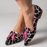 Livia — Spotted-Print Pointed Moccasins with Pink Tassels