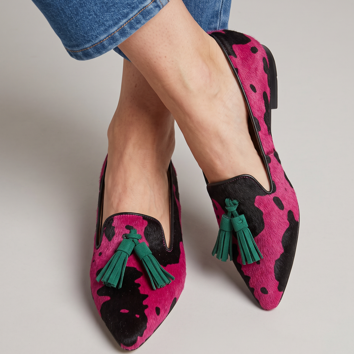 Elettra — Fuchsia Cow-Print Moccasins with Green Tassels
