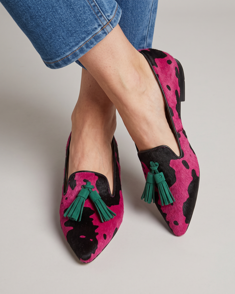 Elettra — Fuchsia Cow-Print Moccasins with Green Tassels