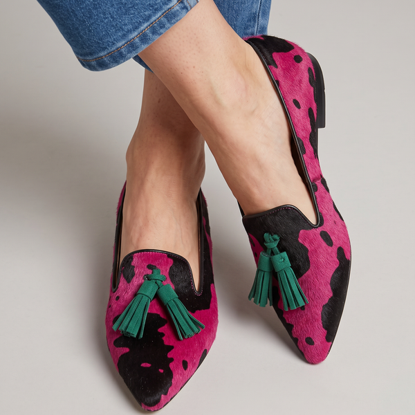 Elettra — Fuchsia Cow-Print Moccasins with Green Tassels