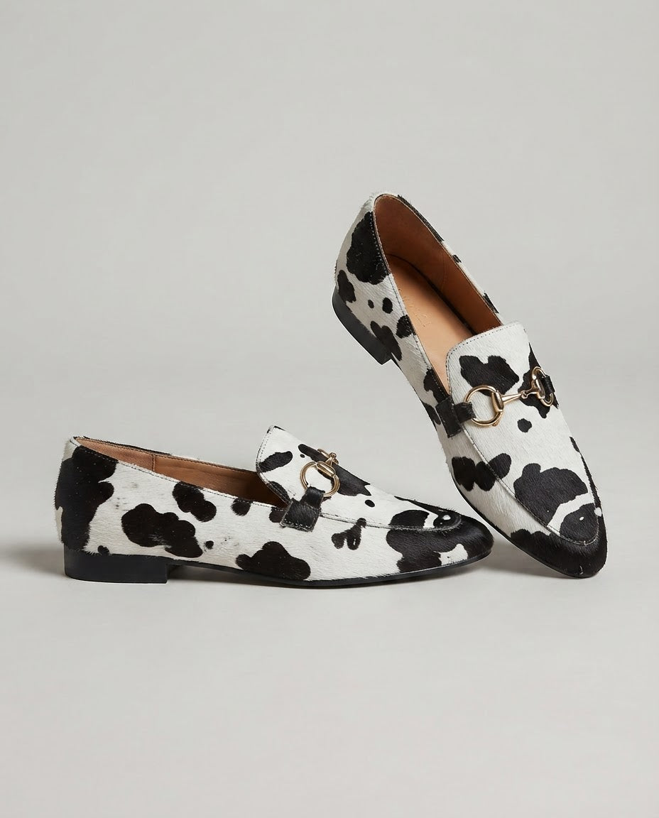 Emilia — Cow-Print Horsebit Loafers