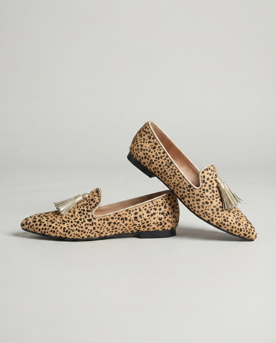 Alda — Cheetah-Print Pointed Moccasins with Gold Tassels