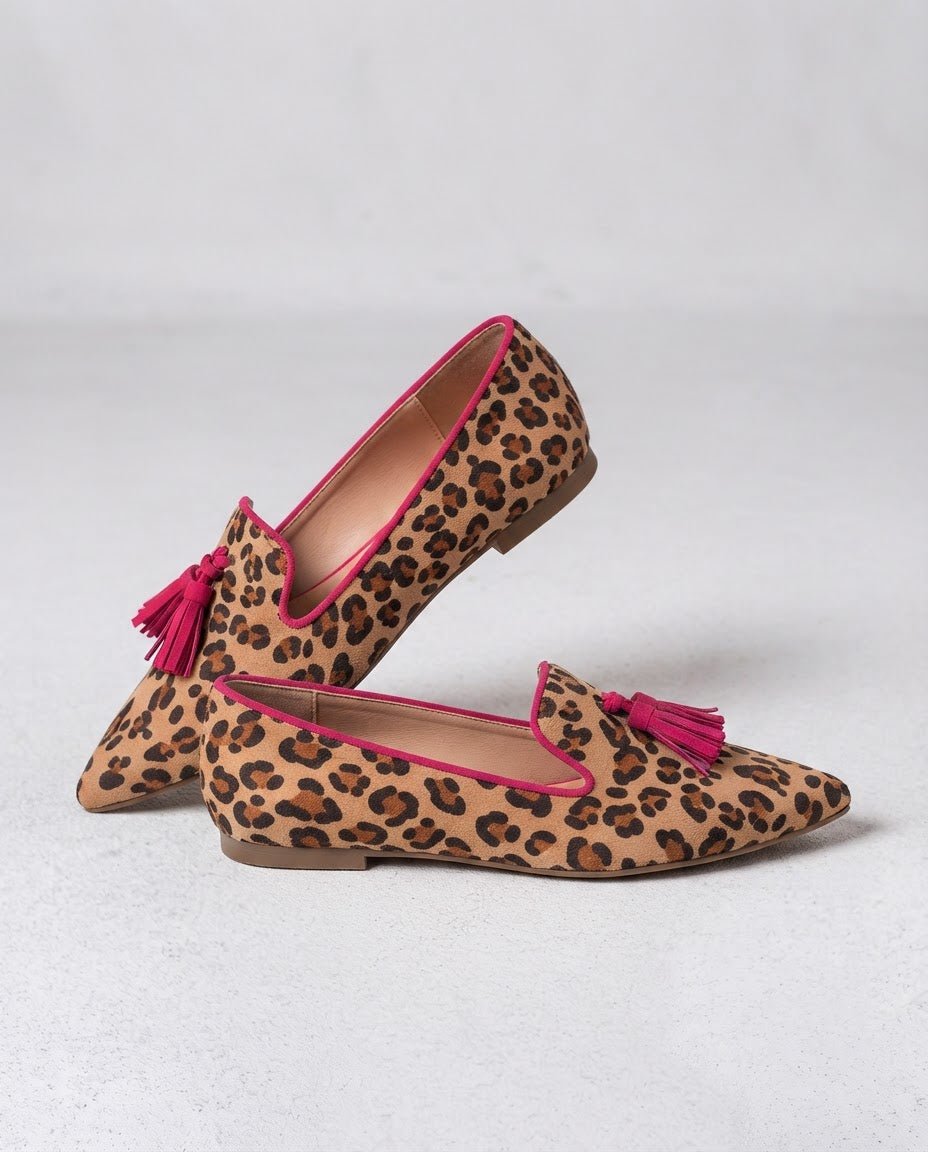 Letizia — Leopard-Print Pointed Moccasins with Fuchsia Trim