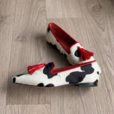 Ivana — Cow-Print Pointed Moccasins with Red Tassels