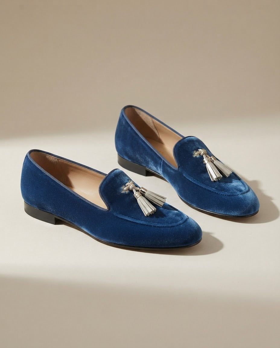 Amara — Blue Velvet-Look Moccasins with Tassels
