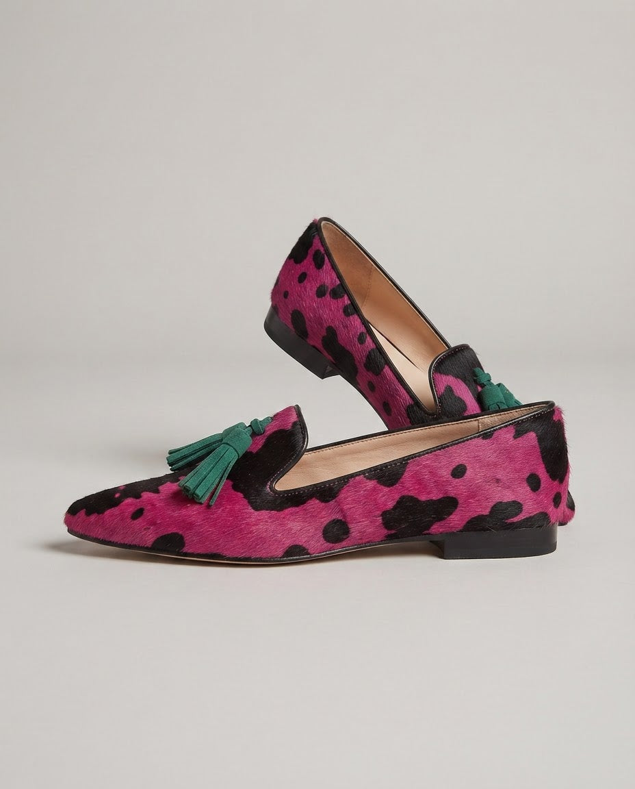 Elettra — Fuchsia Cow-Print Moccasins with Green Tassels