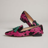 Elettra — Fuchsia Cow-Print Moccasins with Green Tassels