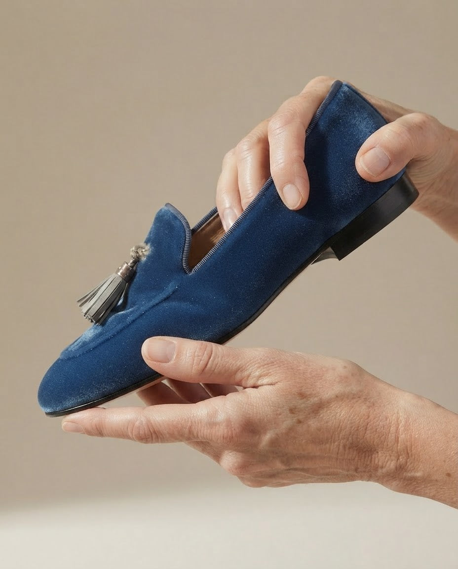 Amara — Blue Velvet-Look Moccasins with Tassels