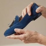 Amara — Blue Velvet-Look Moccasins with Tassels