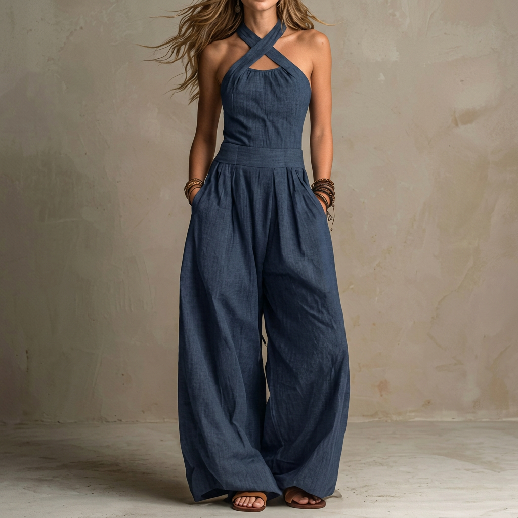 Asenath — Wide-Leg Jumpsuit with Crossover Halter Neckline
