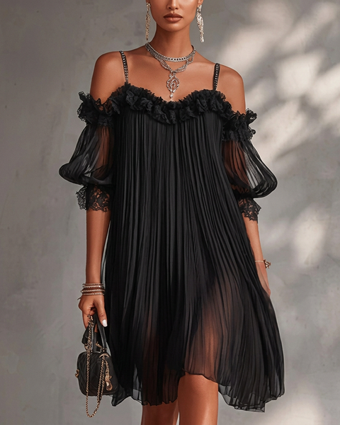 Daphna — Black Pleated Cold-Shoulder Mini Dress with Lace Detail