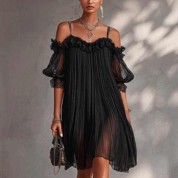 Daphna — Black Pleated Cold-Shoulder Mini Dress with Lace Detail
