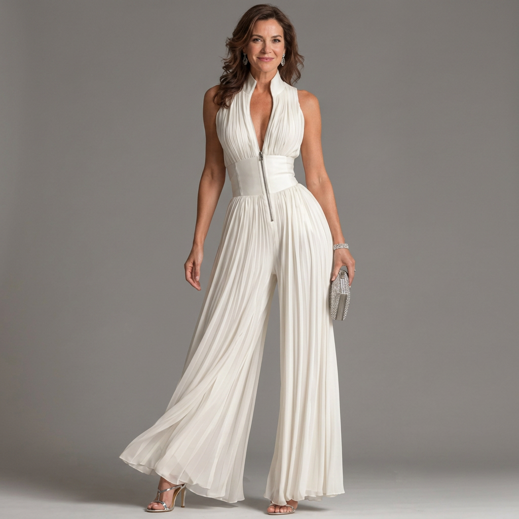 Amarantha — White Pleated Halter-Neck Jumpsuit with Defined Waist