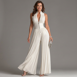 Amarantha — White Pleated Halter-Neck Jumpsuit with Defined Waist