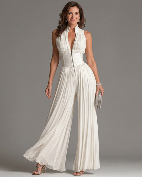 Amarantha — White Pleated Halter-Neck Jumpsuit with Defined Waist