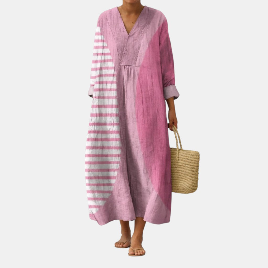 Danica — Pink Stripe-Panel V-Neck Boho Maxi Dress