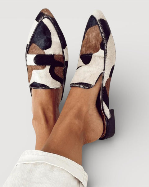 Erica — Cow-Print Pointed Moccasins