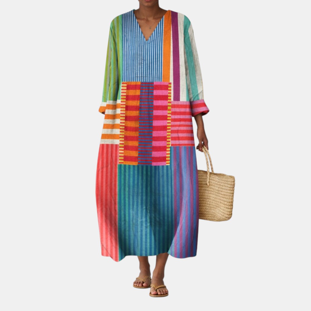 Eileen — Multicolour Patchwork Stripe V-Neck Boho Maxi Dress