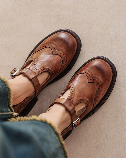 Verda — Vegan Leather Mary Jane Flats - Brown