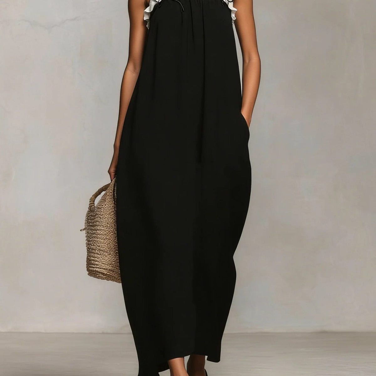 Siobhan — Black Spaghetti-Strap Maxi Dress with White Trim