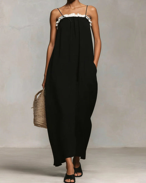 Siobhan — Black Spaghetti-Strap Maxi Dress with White Trim
