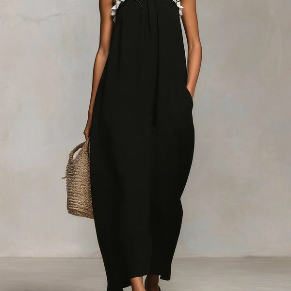 Siobhan — Black Spaghetti-Strap Maxi Dress with White Trim