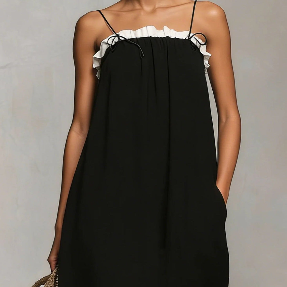 Siobhan — Black Spaghetti-Strap Maxi Dress with White Trim
