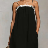 Siobhan — Black Spaghetti-Strap Maxi Dress with White Trim