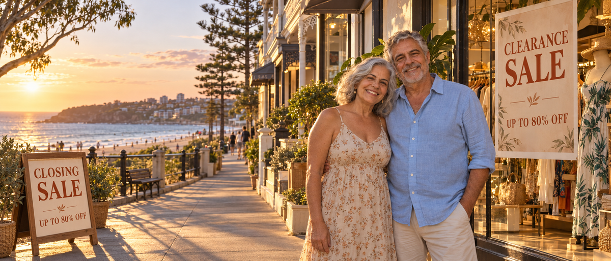 Marlowe and James walking along a sunny Sydney beachfront promenade with a clearance sale poster, up to 80% off, in the shop window
