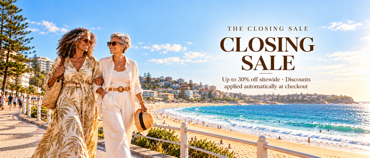 Two women walking on Bondi promenade — Closing sale, up to 30% off sitewide