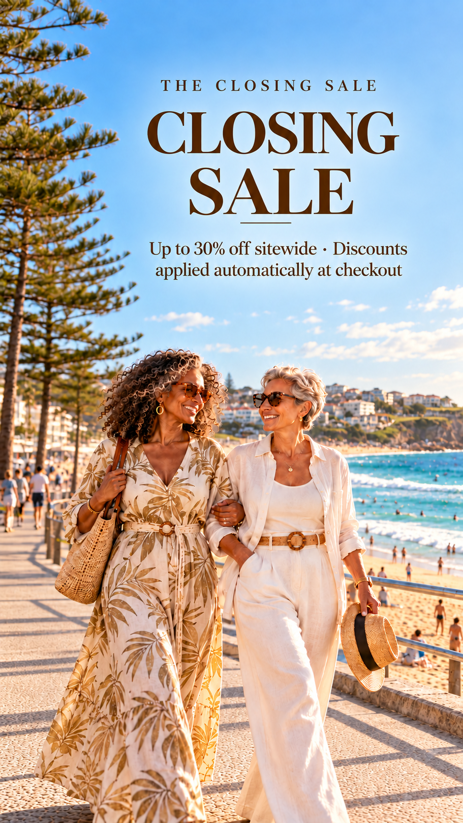 Two women walking on Bondi promenade — Closing sale, up to 30% off sitewide